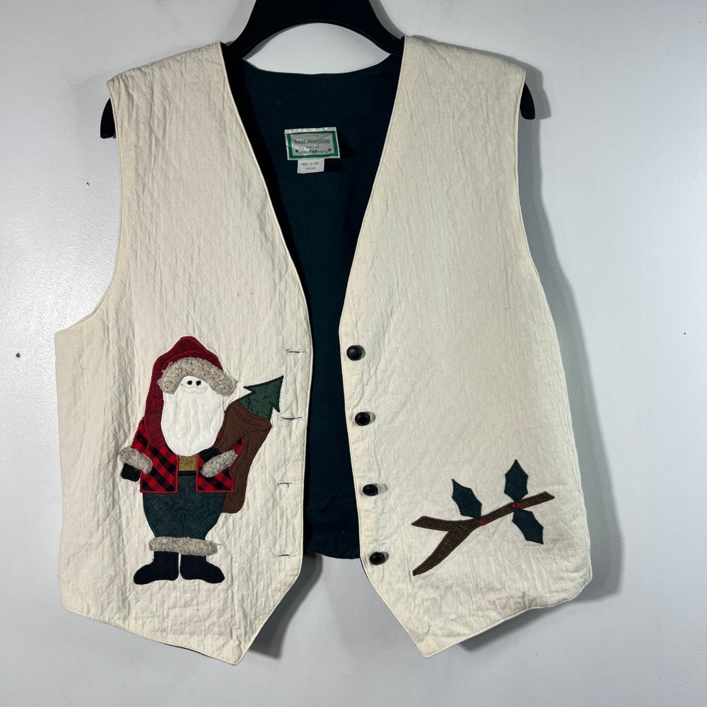 Vtg Anne Josephine Quilted Lined Vest Appliqued Santa Holly M Cotton Flaw